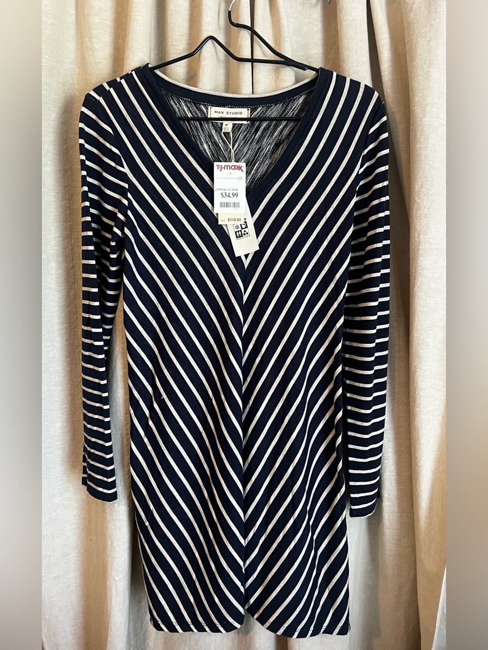 Max Studio [Weekend]Navy and heather gray stripes V-Neck Long Sleeve Dress